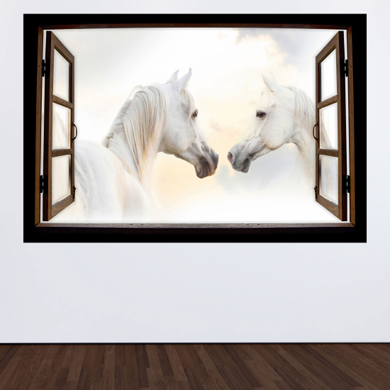 Adesivo Murale - Illusione ottica - Finestra in legno - Cavalli