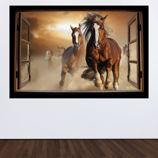 Adesivo Murale - Illusione ottica - Finestra in legno - Cavalli