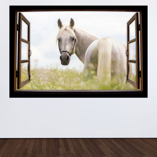 Adesivo Murale - Illusione ottica - Finestra in legno - Cavallo
