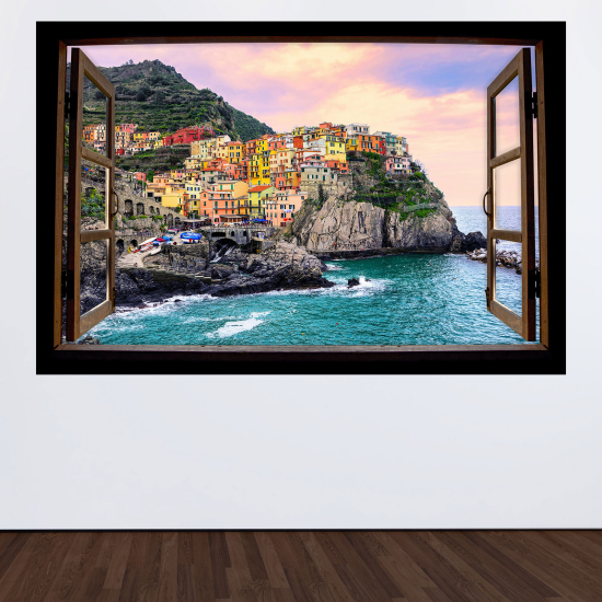 Adesivo Murale - Illusione ottica - Finestra in legno - Cinque Terre