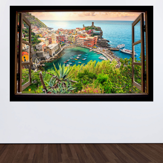 Adesivo Murale - Illusione ottica - Finestra in legno - Città Vernazza
