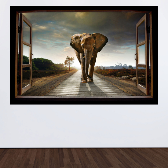 Adesivo Murale - Illusione ottica - Finestra in legno - Elefante