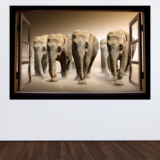 Adesivo Murale - Illusione ottica - Finestra in legno - Elefante