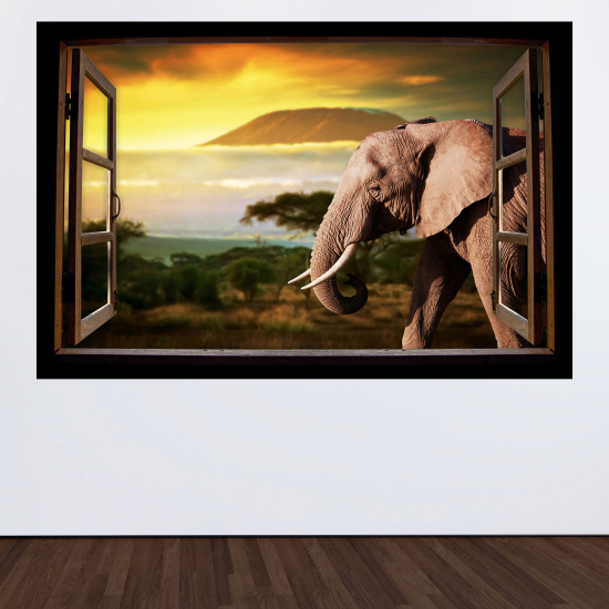Adesivo Murale - Illusione ottica - Finestra in legno - Elefante