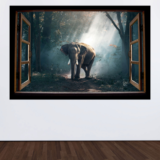 Adesivo Murale - Illusione ottica - Finestra in legno - Elefante