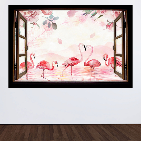 Adesivo Murale - Illusione ottica - Finestra in legno - Fenicotteri rosa