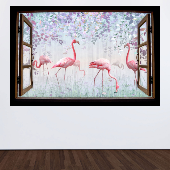 Adesivo Murale - Illusione ottica - Finestra in legno - Fenicotteri rosa