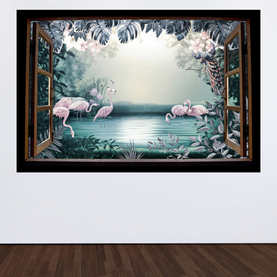 Adesivo Murale - Illusione ottica - Finestra in legno - Fenicotteri rosa