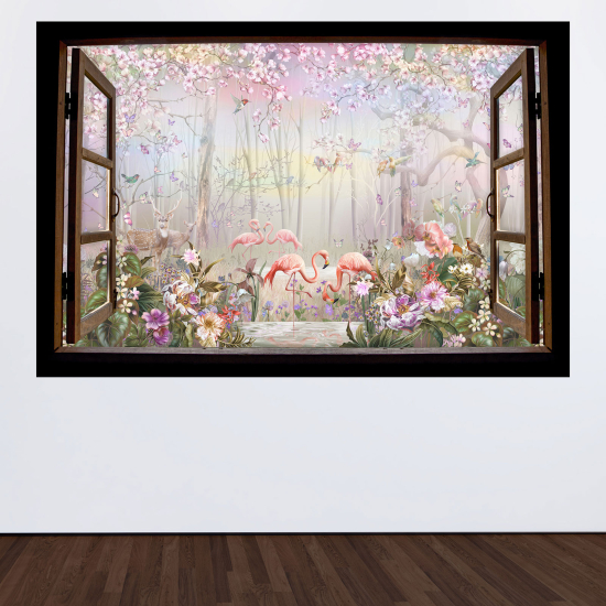 Adesivo Murale - Illusione ottica - Finestra in legno - Fenicotteri rosa