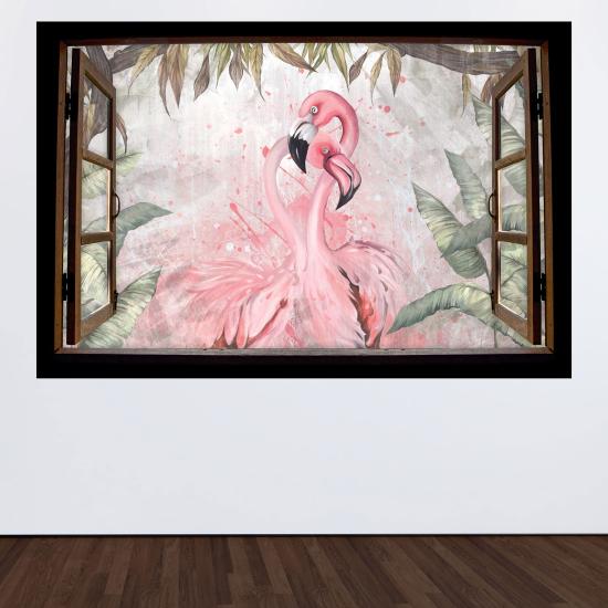 Adesivo Murale - Illusione ottica - Finestra in legno - Fenicotteri rosa