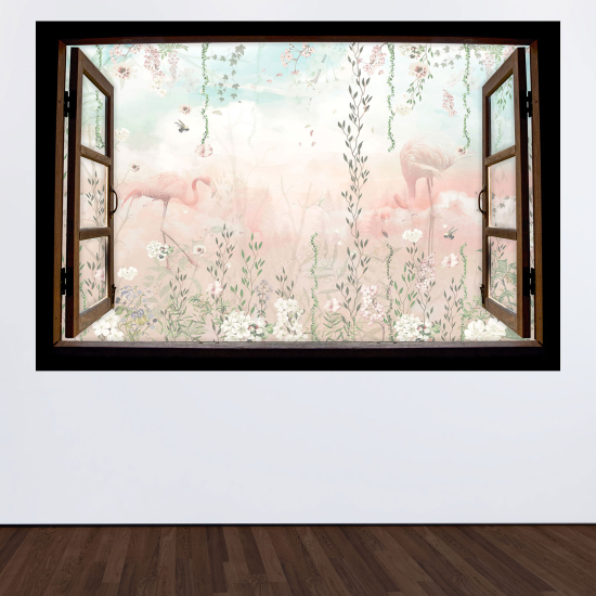 Adesivo Murale - Illusione ottica - Finestra in legno - Fenicotteri rosa