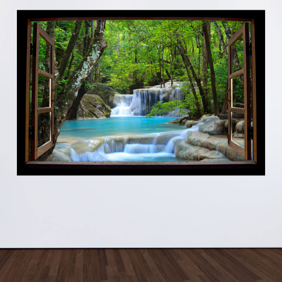 Adesivo Murale - Illusione ottica - Finestra in legno - Fiume