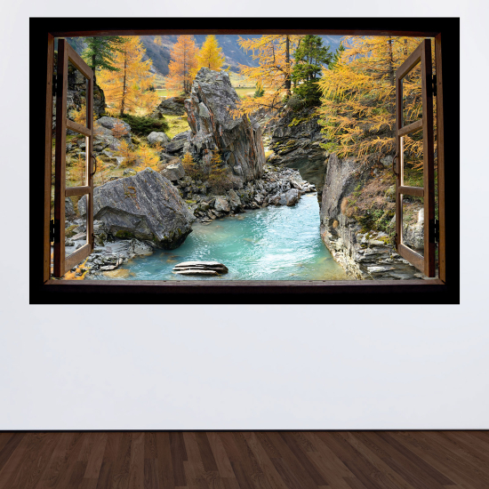 Adesivo Murale - Illusione ottica - Finestra in legno - Fiume