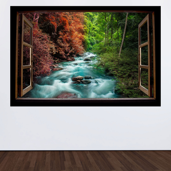 Adesivo Murale - Illusione ottica - Finestra in legno - Fiume