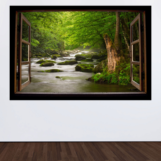 Adesivo Murale - Illusione ottica - Finestra in legno - Fiume