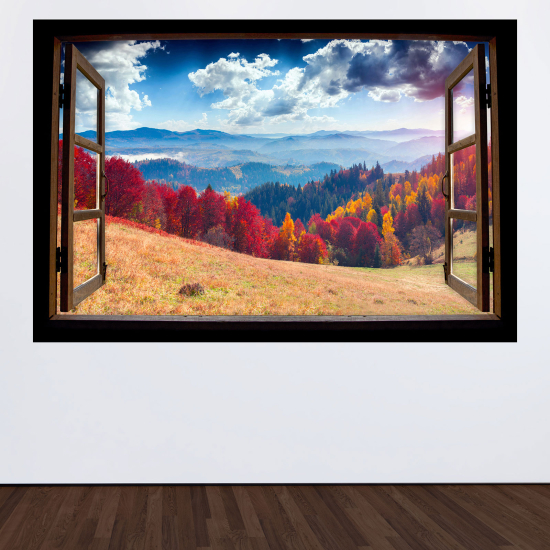 Adesivo Murale - Illusione ottica - Finestra in legno - Foresta