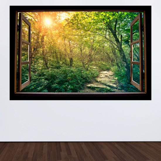 Adesivo Murale - Illusione ottica - Finestra in legno - Foresta