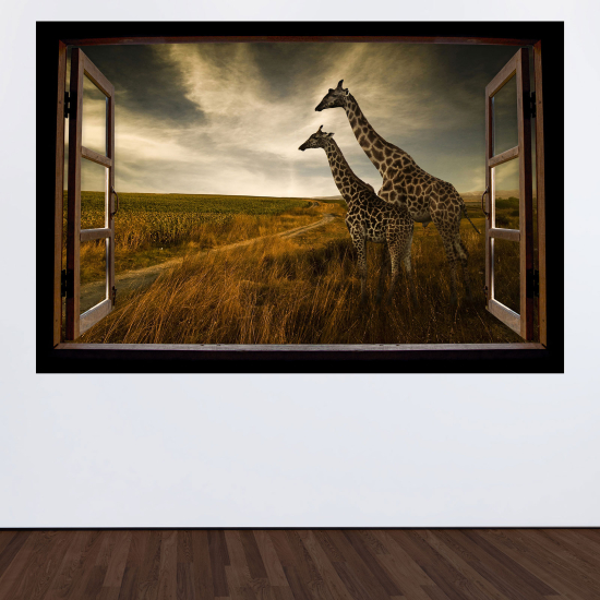 Adesivo Murale - Illusione ottica - Finestra in legno - Giraffe