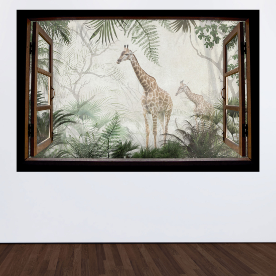 Adesivo Murale - Illusione ottica - Finestra in legno - Giraffe