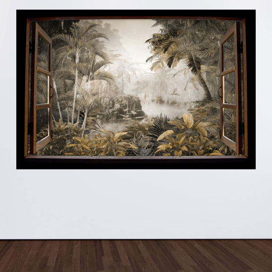 Adesivo Murale - Illusione ottica - Finestra in legno - Giungla