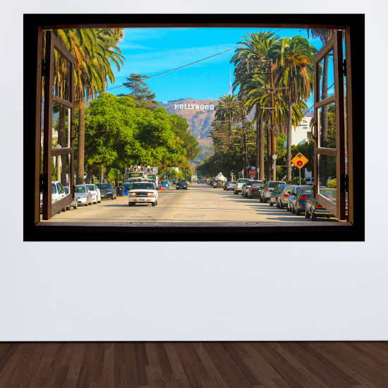 Adesivo Murale - Illusione ottica - Finestra in legno - Hollywood