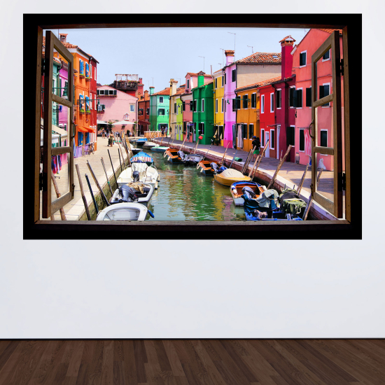 Adesivo Murale - Illusione ottica - Finestra in legno - Isola di Burano