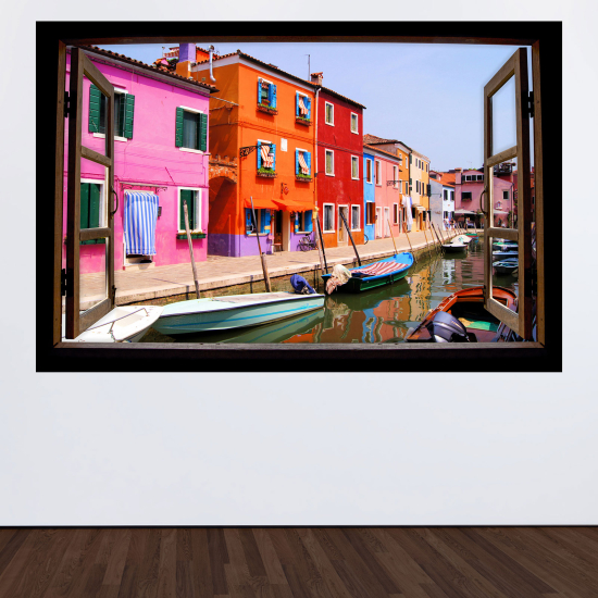 Adesivo Murale - Illusione ottica - Finestra in legno - Isola di Burano