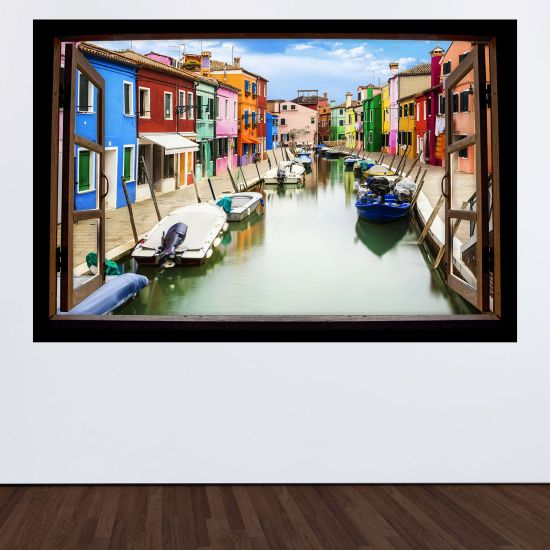 Adesivo Murale - Illusione ottica - Finestra in legno - Isola di Burano