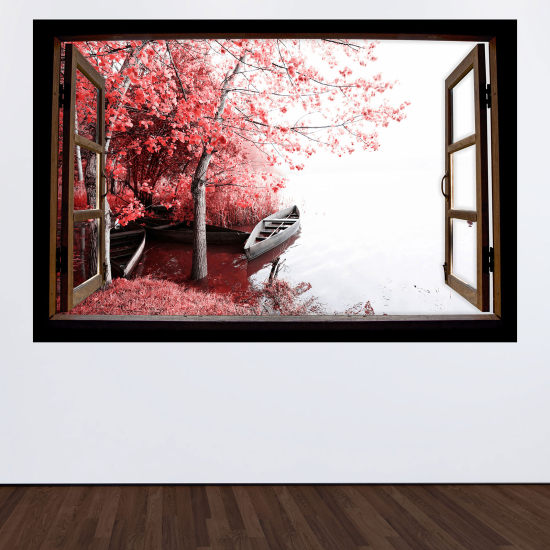 Adesivo Murale - Illusione ottica - Finestra in legno - Lago Bateau
