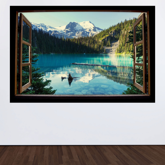 Adesivo Murale - Illusione ottica - Finestra in legno - Lago Montagne