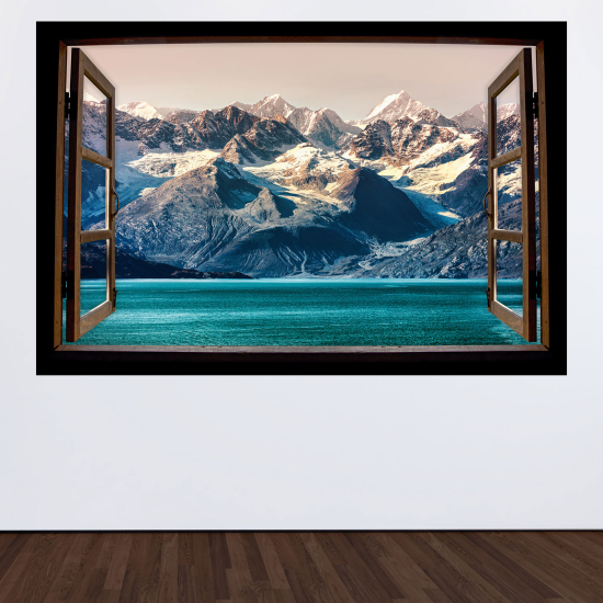 Adesivo Murale - Illusione ottica - Finestra in legno - Lago Montagne