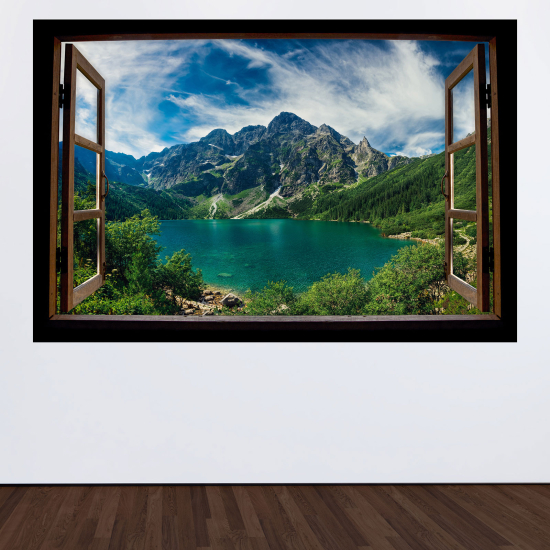 Adesivo Murale - Illusione ottica - Finestra in legno - Lago Montagne