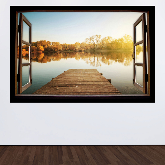 Adesivo Murale - Illusione ottica - Finestra in legno - Lago Pontone