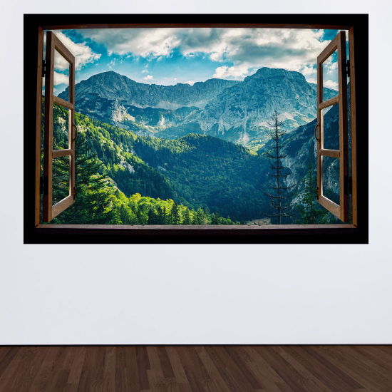 Adesivo Murale - Illusione ottica - Finestra in legno - Montagne