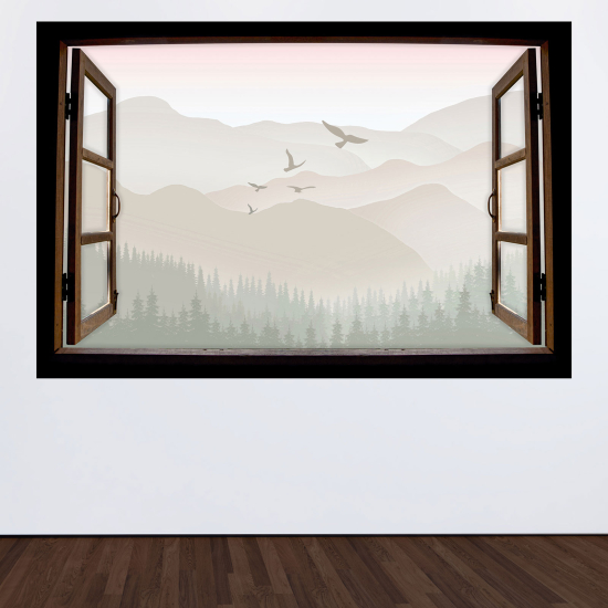 Adesivo Murale - Illusione ottica - Finestra in legno - Montagne