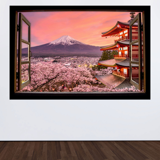 Adesivo Murale - Illusione ottica - Finestra in legno - Monte Fuji Giappone