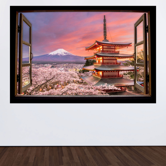 Adesivo Murale - Illusione ottica - Finestra in legno - Monte Fuji Giappone