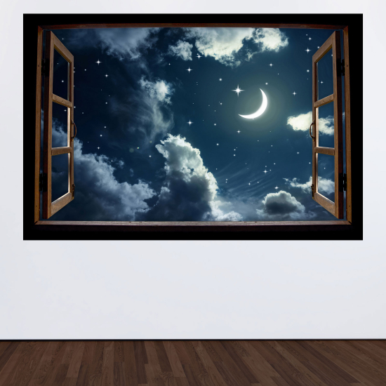 Adesivo Murale - Illusione ottica - Finestra in legno - Notte