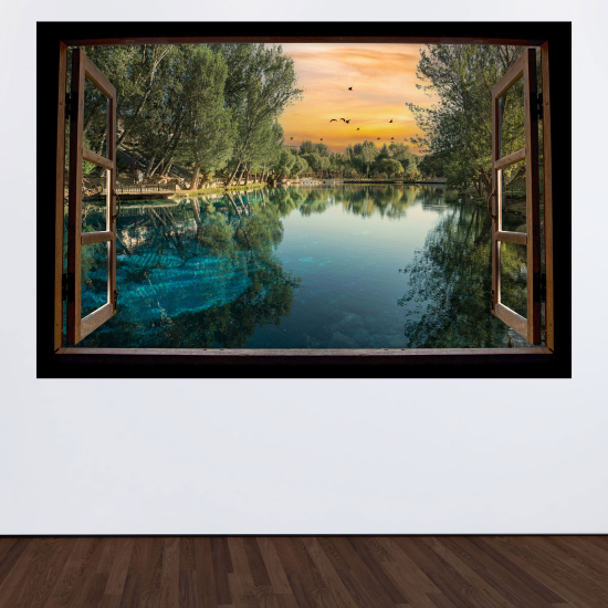 Adesivo Murale - Illusione ottica - Finestra in legno - Paesaggio