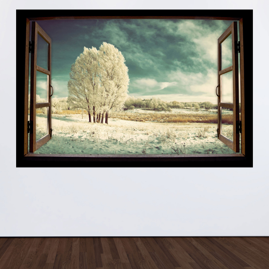 Adesivo Murale - Illusione ottica - Finestra in legno - Paesaggio Inverno