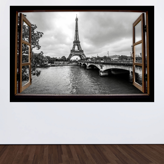 Adesivo Murale - Illusione ottica - Finestra in legno - Parigi