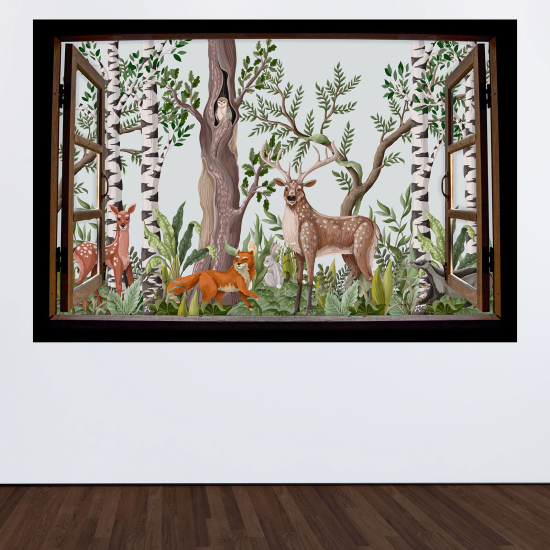 Adesivo Murale - Illusione ottica - Finestra in legno per Bambini - Animali della foresta