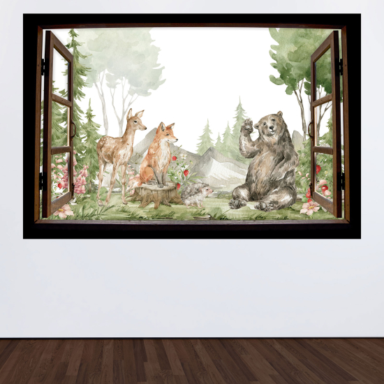 Adesivo Murale - Illusione ottica - Finestra in legno per Bambini - Animali della foresta