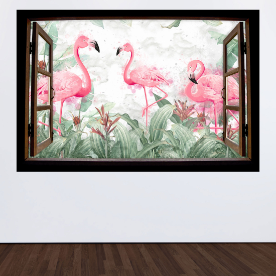 Adesivo Murale - Illusione ottica - Finestra in legno per Bambini - Fenicotteri rosa