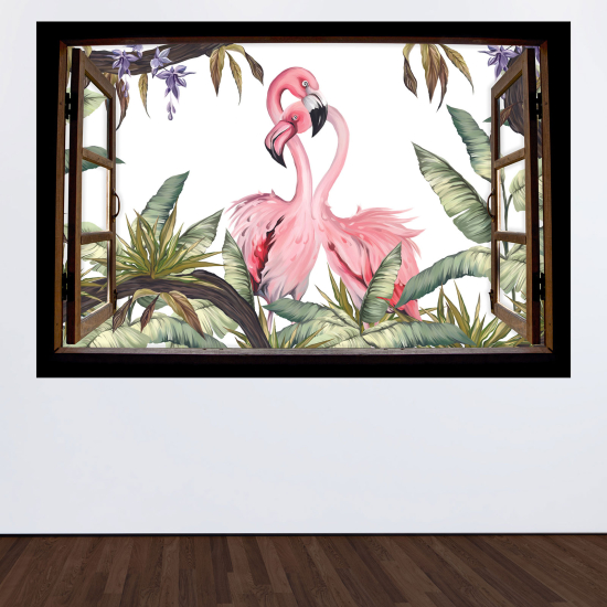 Adesivo Murale - Illusione ottica - Finestra in legno per Bambini - Fenicotteri rosa