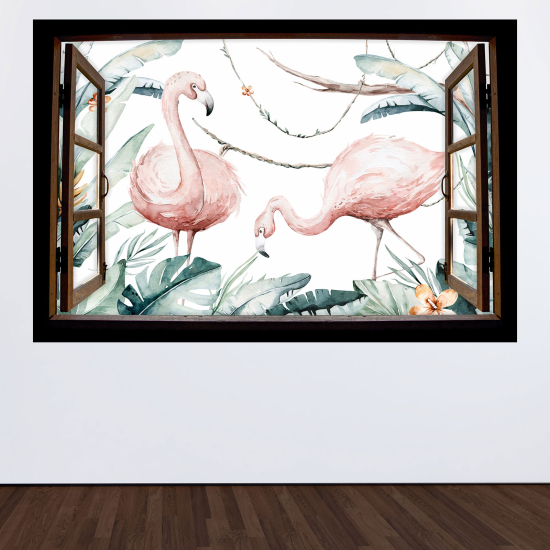 Adesivo Murale - Illusione ottica - Finestra in legno per Bambini - Fenicotteri rosa