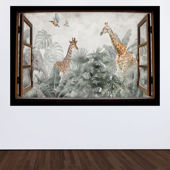Adesivo Murale - Illusione ottica - Finestra in legno per Bambini - Giraffe