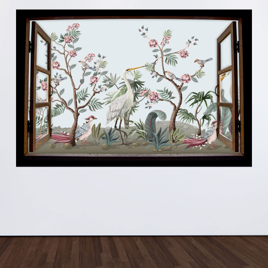 Adesivo Murale - Illusione ottica - Finestra in legno per Bambini - Giungla