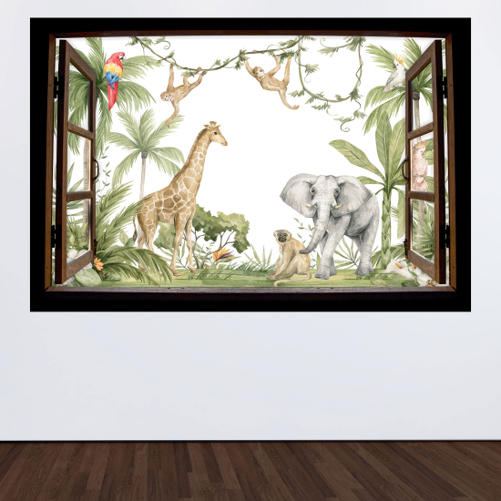 Adesivo Murale - Illusione ottica - Finestra in legno per Bambini - Giungla