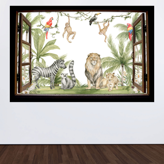 Adesivo Murale - Illusione ottica - Finestra in legno per Bambini - Giungla